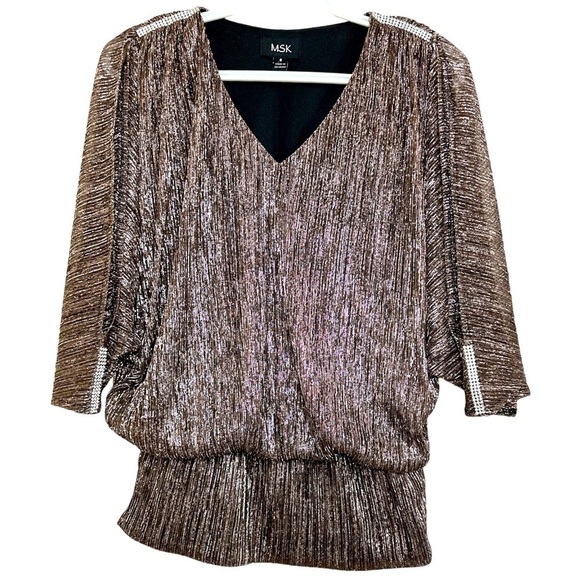 MSK Metallic Bronze Blouse Rhinestone Trim V-Neck Dolman Sleeve Top S - Picture 1 of 6